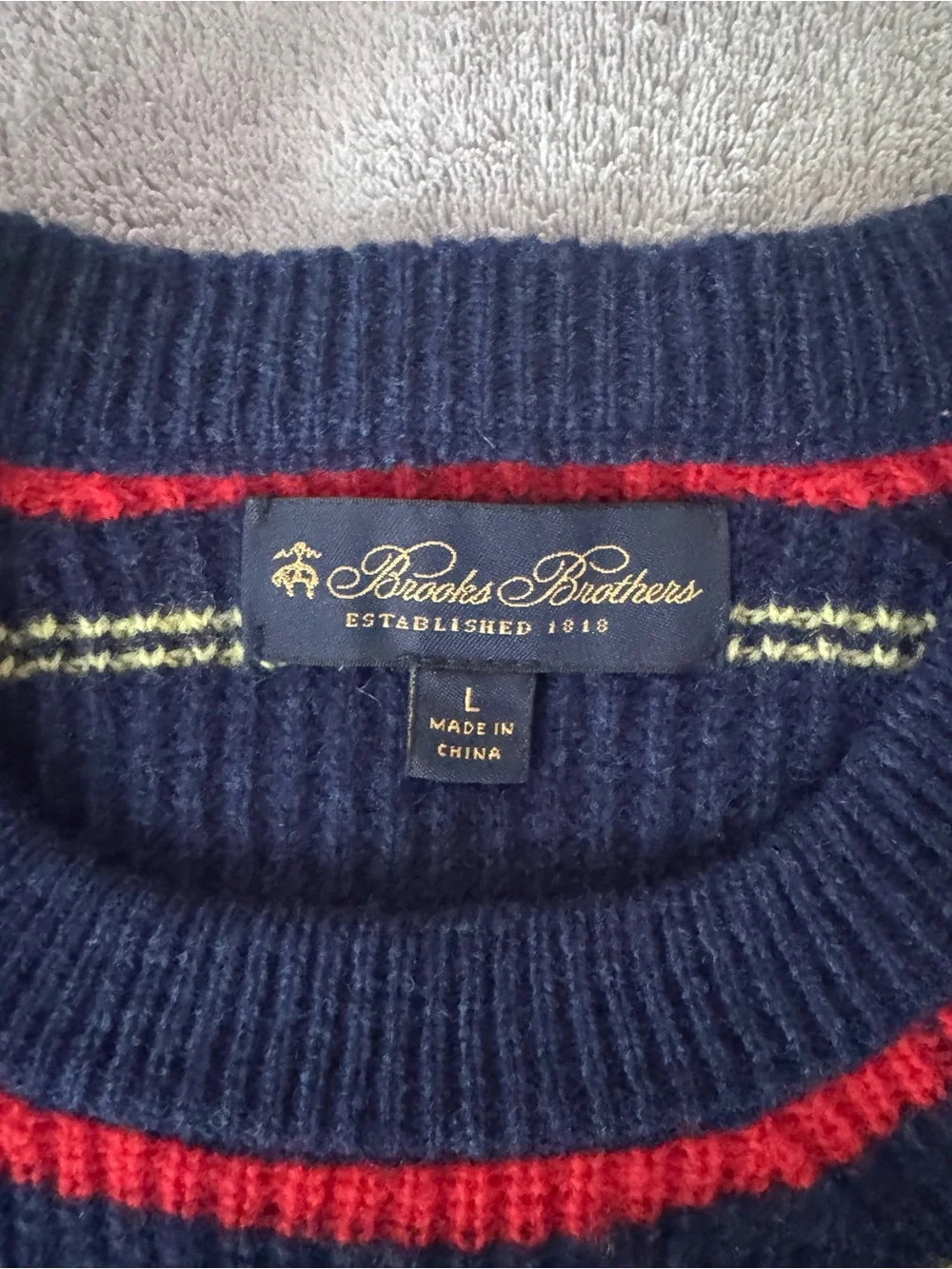 Brooks Brothers Navy Crewneck Sweater with Red and Yellow Stripes